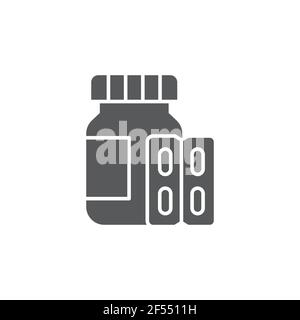 Medizin Flasche und Pillen Symbol auf weißem Hintergrund isoliert. Schild mit der Flaschenpille. Apothekendesign. Symbole farbige quadratische Schaltflächen festlegen. Vektorgrafik Stock Vektor