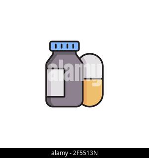Medizin Flasche und Pillen Symbol auf weißem Hintergrund isoliert. Schild mit der Flaschenpille. Apothekendesign. Symbole farbige quadratische Schaltflächen festlegen. Vektorgrafik Stock Vektor