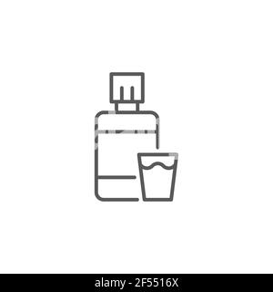 Mundwasser-Plastikflasche und Glassymbol isoliert auf weißem Hintergrund. Flüssigkeit zum Spülen des Mundes. Oralcare-Ausrüstung. Symbole bunt einstellen. Vektordarstellung Stock Vektor