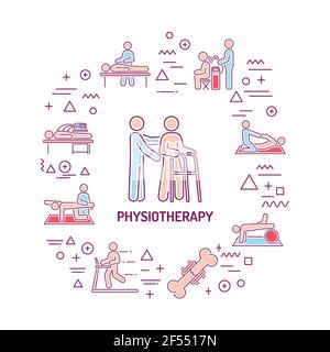Web-Banner Physiotherapie. Infografiken mit linearen Symbolen auf weißem Hintergrund. Kreative Idee Konzept. Isolierte Farbdarstellung der Kontur Stock Vektor