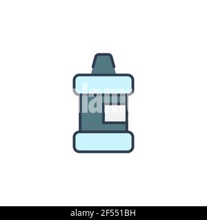 Mundwasser-Plastikflasche und Glassymbol isoliert auf weißem Hintergrund. Flüssigkeit zum Spülen des Mundes. Oralcare-Ausrüstung. Symbole bunt einstellen. Vektordarstellung Stock Vektor