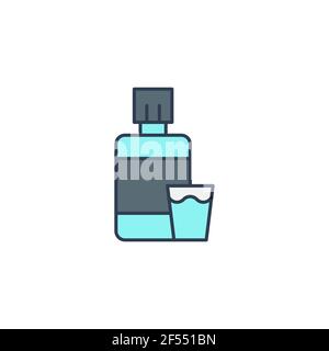 Mundwasser-Plastikflasche und Glassymbol isoliert auf weißem Hintergrund. Flüssigkeit zum Spülen des Mundes. Oralcare-Ausrüstung. Symbole bunt einstellen. Vektordarstellung Stock Vektor