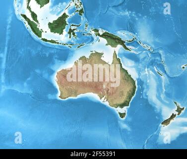 Physische Karte von Australien, mit hochauflösenden Details. Abgeflachte Satellitenansicht des Planeten Erde und seiner Geographie - von der NASA eingerichtete Elemente Stockfoto