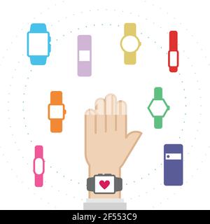 Set: Smart Watch-Symbole. Hand trägt eine intelligente Uhr. Vektor-Illustration, flaches Design Stock Vektor