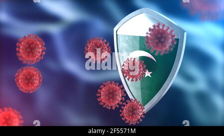 Coronavirus SARS-Cov-2 Sicherheitsbarriere. Stahlschild lackiert als Pakistan Nationalflagge verteidigen gegen Zellen, Quelle der covid-19-Krankheit. Sicherheitsrüstung Stockfoto