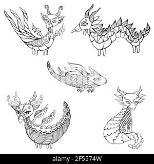 Set von fünf Fantasy Drachen Malvorlagen für Kinder und Erwachsene, isoliert auf weiß. Jeder Drache ist einzigartig, mit seinen eigenen und Mustern, Flügeln, Hörnern und t Stock Vektor