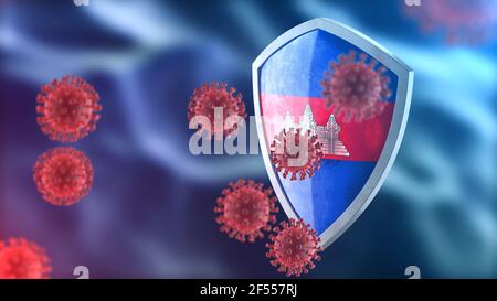 Coronavirus SARS-Cov-2 Sicherheitsbarriere. Stahlschild lackiert als Kambodscha Nationalflagge verteidigen gegen Zellen, Quelle der covid-19-Krankheit. Sicherheitsrüstung Stockfoto