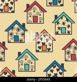 Nahtloses Vektor-Muster mit mehrfarbigen Häusern auf hellorangefarbenem Hintergrund. Künstlerische Familie zu Hause Tapete Design. Pastellfarbe Mode Textil. Stock Vektor