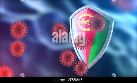 Coronavirus SARS-Cov-2 Sicherheitsbarriere. Stahlschild lackiert als Eritrea Nationalflagge verteidigen gegen Zellen, Quelle der covid-19-Krankheit. Sicherheitsrüstung, Stockfoto