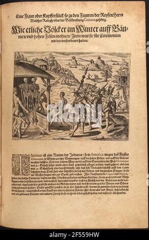 Harriot, Thomas: Ein Brief und wahrer Bericht über das neu gefundene Land von Virginia. Skurrile, aber wahrheitsgemäße Erklärung der Gelegenheit und Moral von Wild in Virginia. Franckfort am Mayn: De Bry, 1600th Dresden: Slub Geogr.b,19-1 wie mehrere Völker im Winter leben Bäume und hohe Felsen / item was sie für Zeremonien mit den Verstorbenen halten Stockfoto