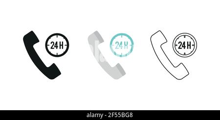 Retro-Telefonhörer. Drei verschiedene Stile: Schwarz, Farbe und Umriss. Symbol des Mobilteils. 24-Stunden-Zeichen. Vektor-Illustration, flaches Design Stock Vektor