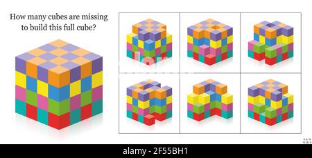 Wie viele Würfel fehlen, um einen vollständigen Würfel zu erstellen? 3D Übung zur räumlichen Wahrnehmung. Buntes Spiel, um die Lücken, Löcher, Rohlinge zählen. Mit Lösung. Stockfoto