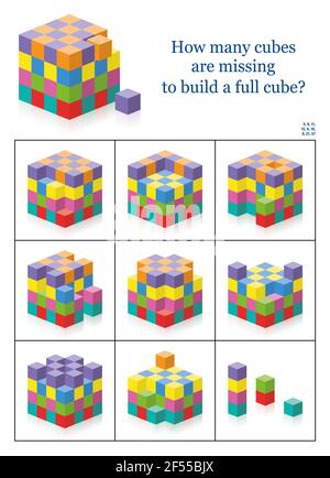 Fehlende Würfel. Wie viele Lücken, Löcher, Rohlinge gibt es, um einen vollen Würfel zu bekommen? 3D Übung zur räumlichen Wahrnehmung. Bunte Zählen Spiel mit Lösung. Stockfoto