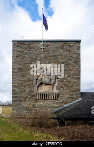 Schleiden-Gemünd, NS-Ordensburg Vogelsang, zwischen 1936 und 1939 als Ausbildungsstätte für den Nachwuchs des NSDAP-Führers erbaut, Reiterrelief Stockfoto