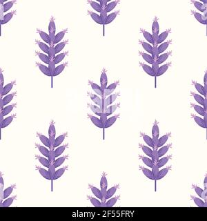 Moderne Lavendel nahtlose Vektor-Muster Hintergrund. Isolierte violette Grafik blüht auf Stielen auf weißem Hintergrund. Botanisches Kräuterdesign. Geometrisches alles Stock Vektor