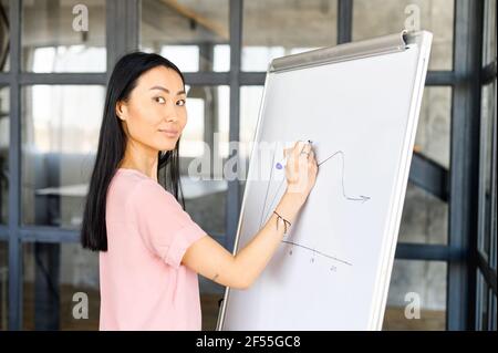 Eine asiatische Lehrerin schreiben auf dem Whiteboard drinnen. Multirassische Büromitarbeiter zeichnen Verkaufsgrafik auf dem Flipchart und schaut in die Kamera, halten Briefing, Ausbildung Stockfoto