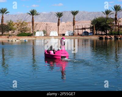 Timna Valley, Israel - 20. Februar 2021: Mutter, Vater und Sohn segeln in einem Boot in Form eines rosa Flamingos auf einem See im Timna Valley. Das Arava De Stockfoto