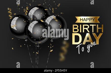 Happy birthday Vektor Illustration Goldene Folie Konfetti und schwarze Ballons. Vektor. Stock Vektor
