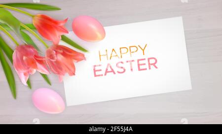 Ostern Komposition mit realistischen rosa Tulpen, Ostereier auf Holz Hintergrund. Osterhintergrund von Frühlingsblumen mit Papierkarte Stock Vektor