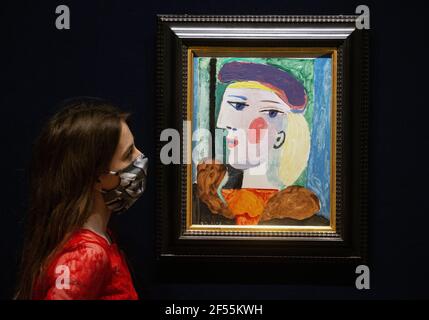 London, Großbritannien. März 2021, 24th. Ein großes Picasso-Porträt, das seit fast 40 Jahren nicht mehr zu sehen ist, wird am Donnerstag, den 13th. Mai im Bonhams Impressionst und im Modern Art Sale in New York verkauft. Das 1937 entstandene Werk 'Femme au Beret Mauve' hat eine Schätzung von $10.000.000-15.000.000. Quelle: Karl Black/Alamy Live News Stockfoto