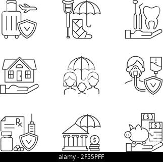 Versicherung und Schutz lineare Symbole gesetzt Stock Vektor