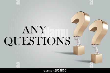 Alle Fragen Text und 3D Frage markieren Symbol Hintergrund. 3D Darstellung von Fragezeichen isoliert auf grauem Hintergrund. Stockfoto