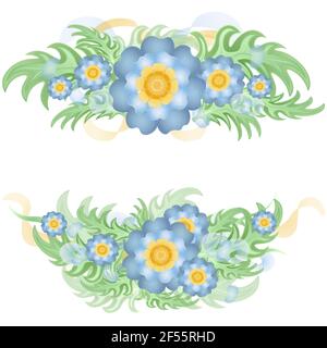 2 Blumenkranz mit blauen Blüten. Handgezeichneter Rahmen. Stock Vektor