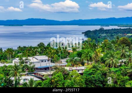 Papua-Neuguinea, Milne Bay Province, Alotau, Küstenstadt umgeben von grünen Palmen Stockfoto