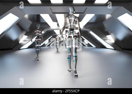 Dreidimensionale Darstellung von Gynoiden, die durch einen futuristischen Korridor laufen Stockfoto