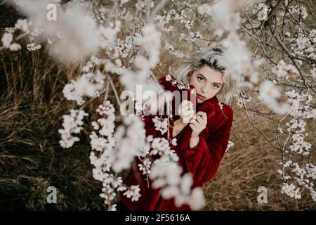 Junge Frau im roten Wintermantel, die unter dem blühenden Mandelbaum steht Stockfoto