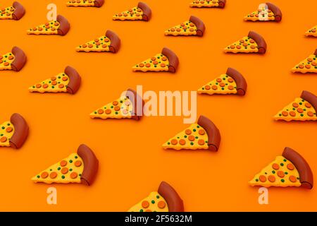 Dreidimensionales Rendern von Pizzascheiben auf orangefarbenem Hintergrund Stockfoto