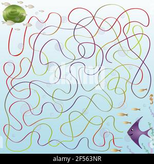 Cartoon Illustration der Bildung Labyrinth oder Labyrinth-Spiel für Vorschulkinder mit lustigen Fischen. Stock Vektor