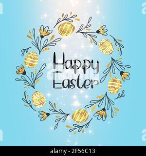 Happy Easter 3D Illustration hellblau Hintergrund mit goldenem Eierrahmen. Grußkartendesign. Vorlage mit Platz für Ihr Poster oder Flyer Stockfoto