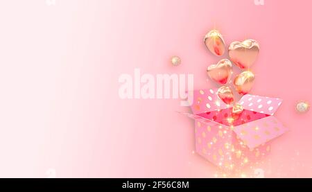 Glänzende metallische goldene Luftballons fliegen out of box Zusammensetzung mit leerem Raum für Geburtstag, Party oder andere Promotion. 3D Abbildung. Stockfoto