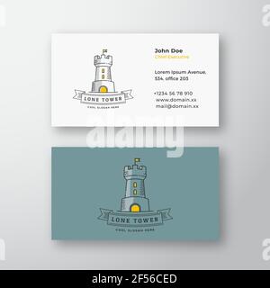 Lone Tower Abstract Modern Vector Logo und Visitenkarte Vorlage. Festung mit Flagge und Typografie-Banner. Premium Stationär Realistisch Mock Up Stock Vektor