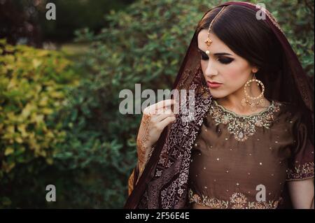 Mehendi auf die Hände der Mädchen, Frau Hände mit braunen Mehndi tattoo. Die Hände der indischen Braut Mädchen mit braun Henna Tattoos. Stockfoto