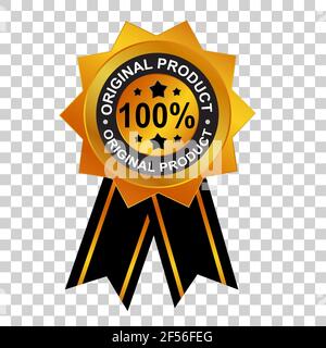 Goldstempel oder Anhänger, 100 % Prozent, Originalprodukt, Stern, mit schwarzem Band auf transparentem Effekthintergrund Stock Vektor