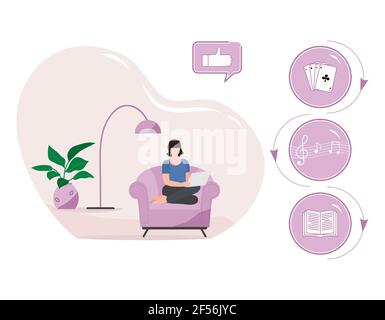 Vektor-Illustration Frau mit Laptop für wählt Hören Sie Musik, spielen Online-Spiel von Spielkarten, Buch lesen, hören Hörbuch entspannen zu Hause Stock Vektor