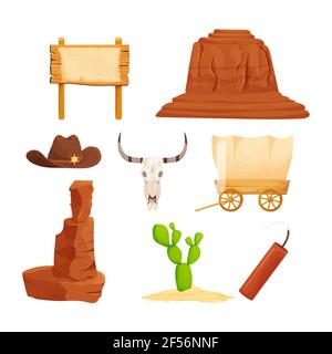 Wild West, Western-Kollektion im Cartoon-Stil isoliert auf weißem Hintergrund. Retro-Wagen, Möwe, Cowboy-Hut, Sheriff-Stern, Arizona Dessertstein. . Ve Stock Vektor