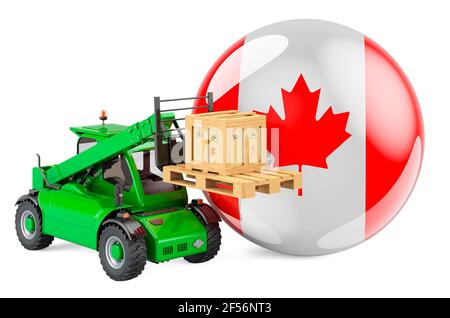 Kanadische Flagge mit Teleskoplader LKW und Paket. Frachtschifffahrt in Canadia Konzept, 3D Rendering isoliert auf weißem Hintergrund Stockfoto