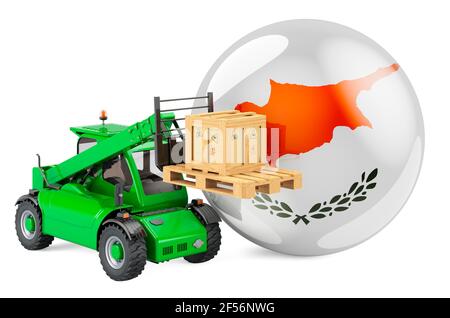 Zypern Flagge mit Teleskoplader LKW und Paket. Frachtschifffahrt in Zypern Konzept, 3D Rendering isoliert auf weißem Hintergrund Stockfoto