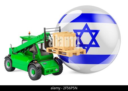 Israelische Flagge mit Teleskoplader LKW und Paket. Cargo Shipping in Israel Konzept, 3D Rendering isoliert auf weißem Hintergrund Stockfoto