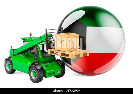 Kuwaitische Flagge mit Teleskoplader und Paket. Cargo Shipping in Kuwait Konzept, 3D Rendering isoliert auf weißem Hintergrund Stockfoto