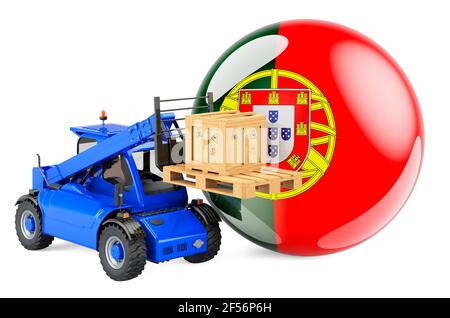 Portugiesische Flagge mit Teleskoplader LKW und Paket. Cargo Shipping in Portugal Konzept, 3D Rendering isoliert auf weißem Hintergrund Stockfoto