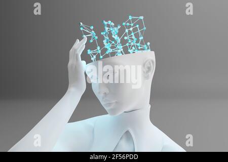 Dreidimensionales Rendern von Gynoiden, die das digitale Gehirn berühren und maschinelles Lernen darstellen Künstliche Intelligenz Stockfoto