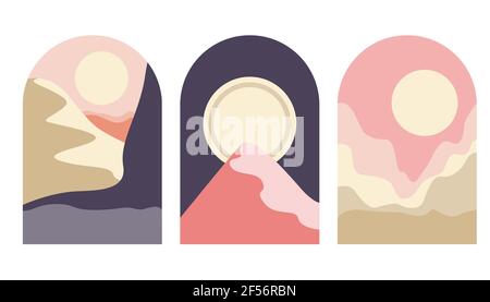 Wüste abstrakte Boho Landschaft mit Sonne und Mond in Bogen. Abstrakter Vektor zeitgenössischer ästhetischer Hintergrund in Erdtönen. Satz von Postern. Stock Vektor