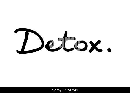 Das Wort Detox, handgeschrieben auf weißem Hintergrund. Stockfoto