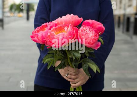Eine Frau hält einen Strauß rosa Pfingstrose in ihren Händen auf der Straße. Fragment Stockfoto