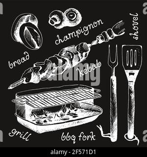 Set von bbq-Objekte, Skizze graviert Stil, Vektor-Illustration Stock Vektor