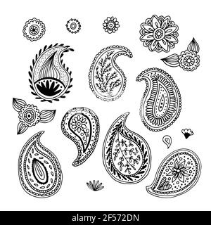 Paisley Henna floralen Vektor-Elemente, handgezeichnete Ornament-Sammlung, Doodle Illustration Stock Vektor